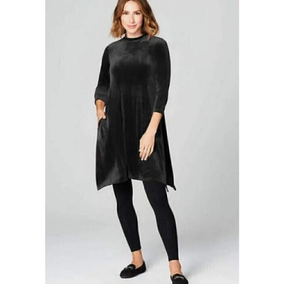 Pure Jill Black Velvet Velour Tunic Top Dress Small Pockets Dip Hem Holiday - Picture 1 of 5